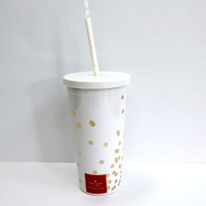 NWT Kate Spade Insulated Plastic Tumbler w Reusable Straw, 20 Ou Gold Confetti